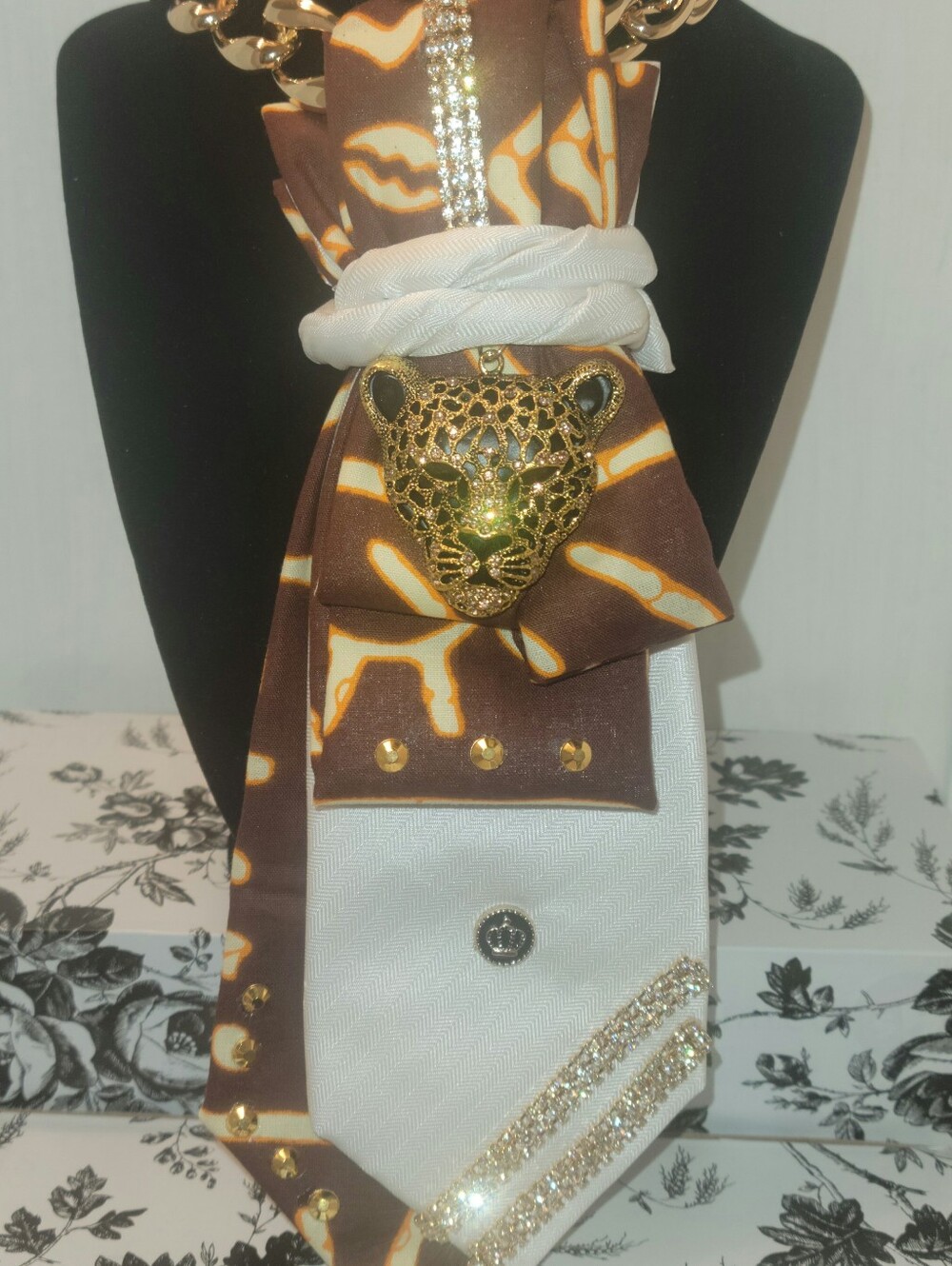 Gold Leopard Statement Scarf Necklace - Brown & White